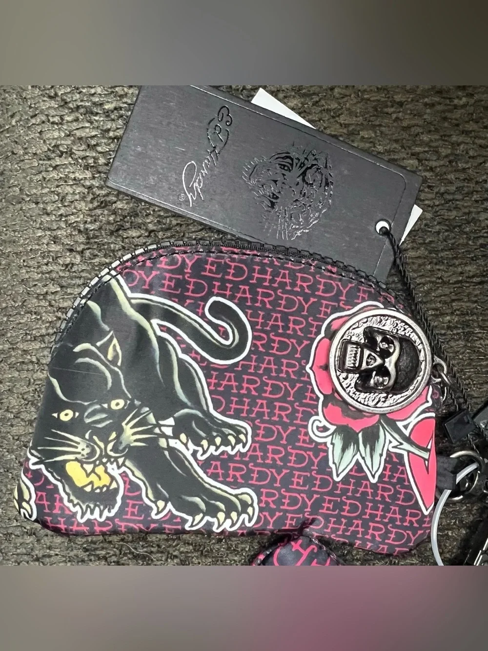 Ed Hardy Double Signature Wristlet - Black Panther/Rose NWT